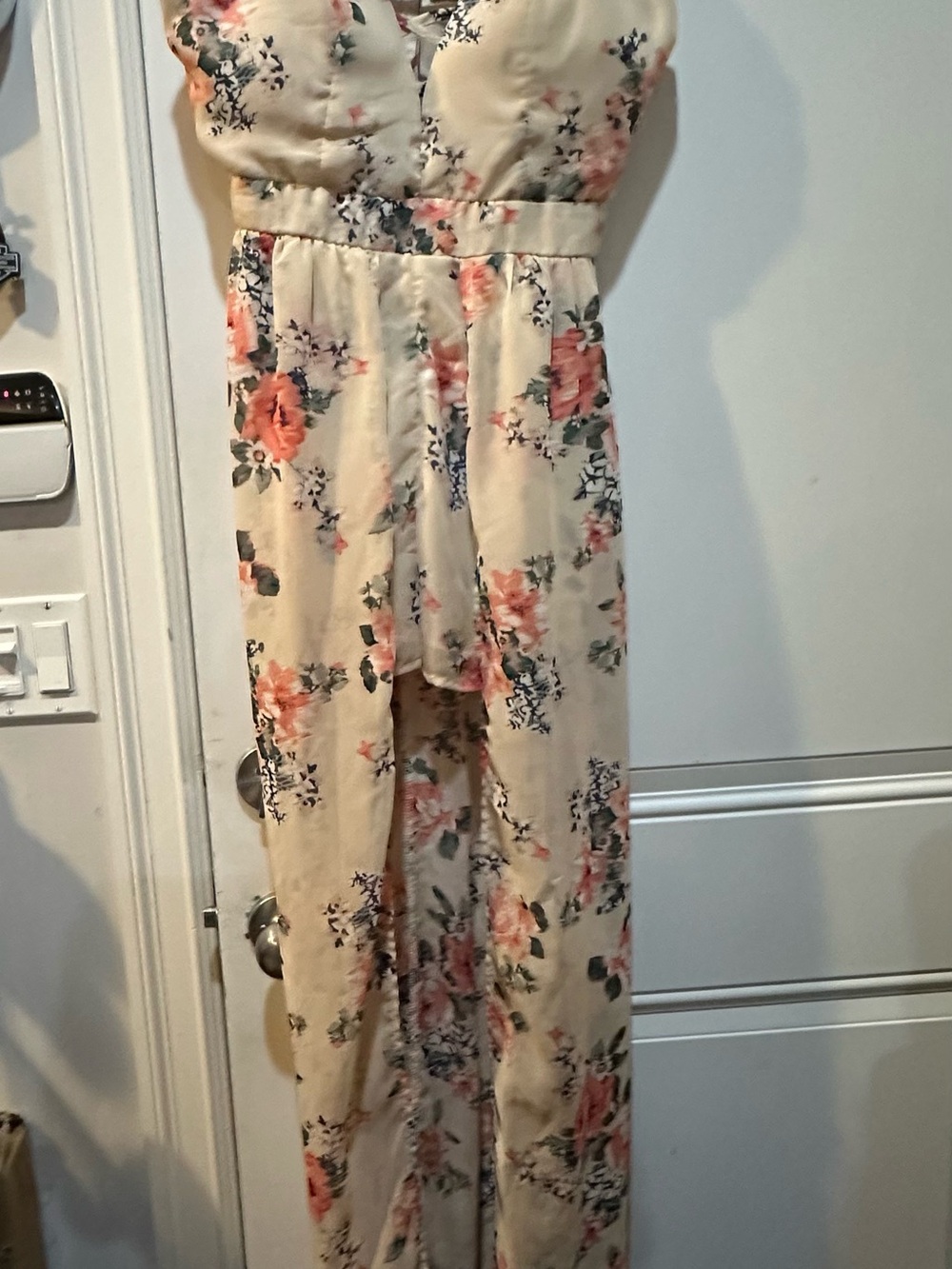 Cream Floral Straps Romper with High-Low Overlay